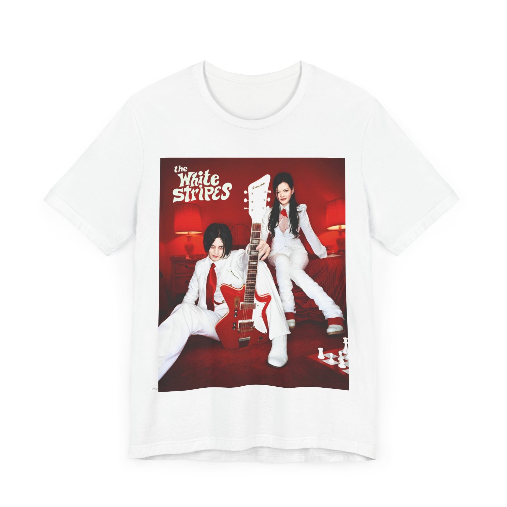A black graphic t-shirt featuring a graphic related to The White Stripes' 'Seven Nation Army' song or era.