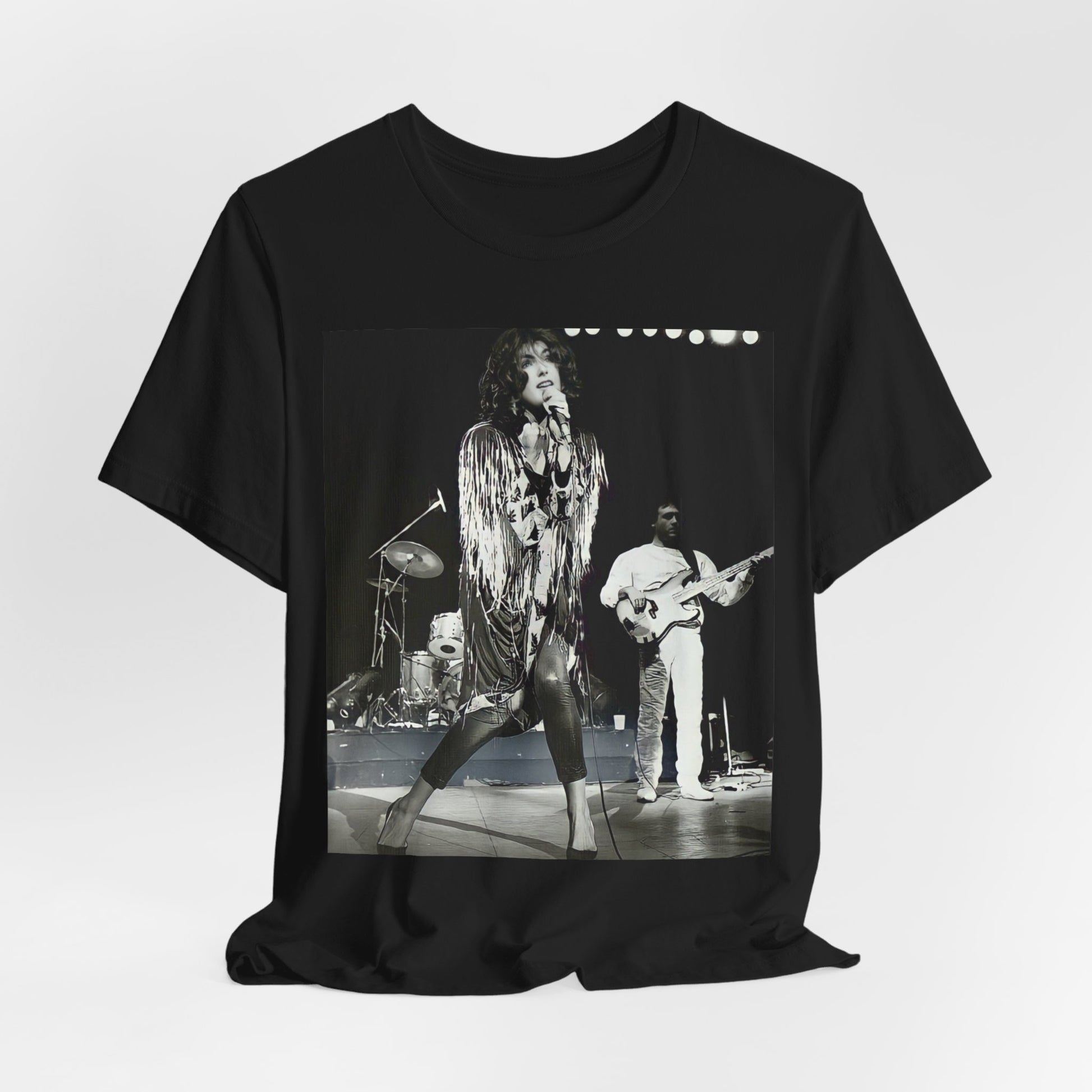 A black graphic t-shirt featuring an 80s black and white photo or graphic of Laura Branigan performing live on stage.