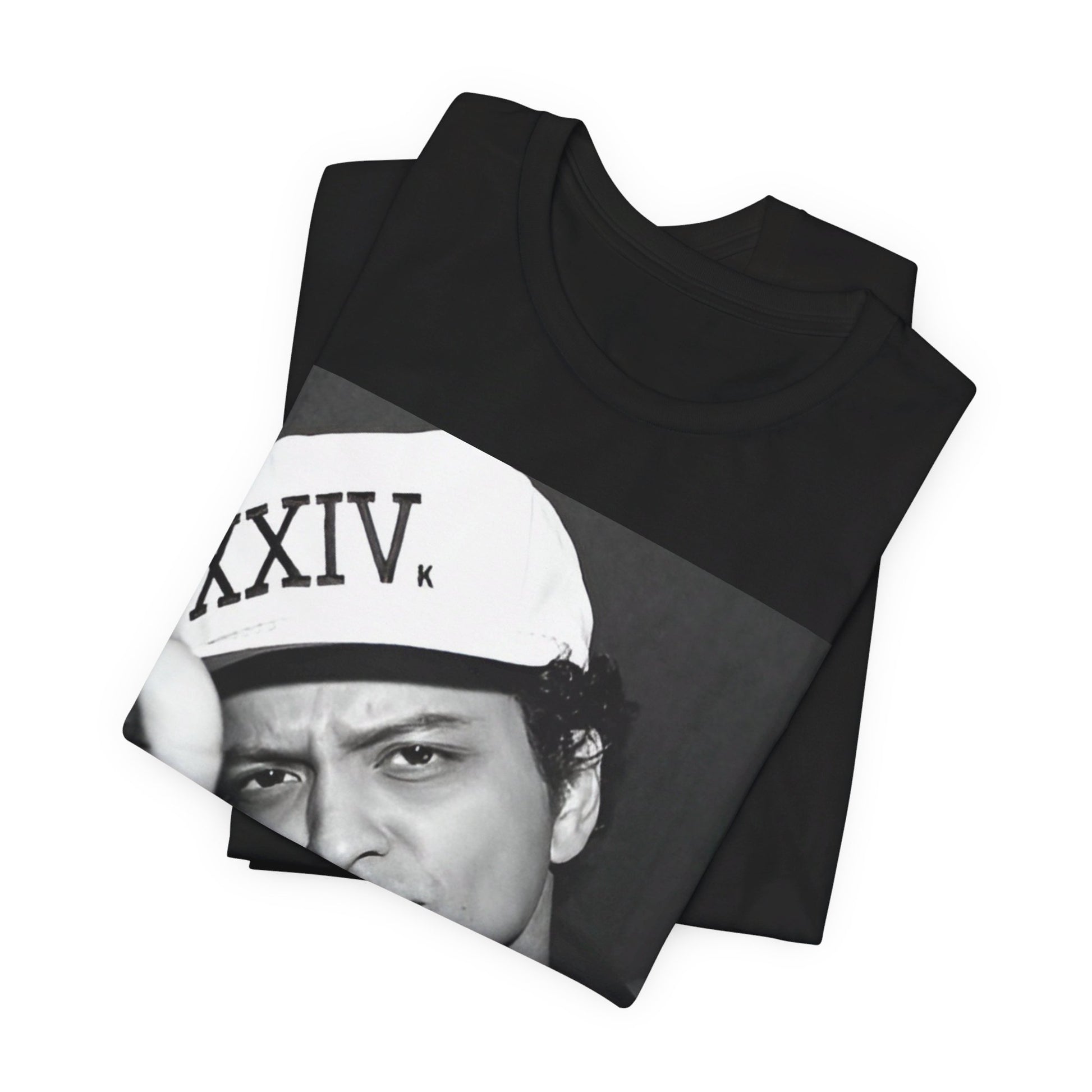 A black graphic t-shirt featuring a black and white photo of Bruno Mars, likely from his '24K Magic' (XXIV) era.