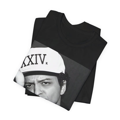 A black graphic t-shirt featuring a black and white photo of Bruno Mars, likely from his '24K Magic' (XXIV) era.