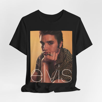 A black graphic t-shirt featuring an aesthetic photo portrait of Elvis Presley.