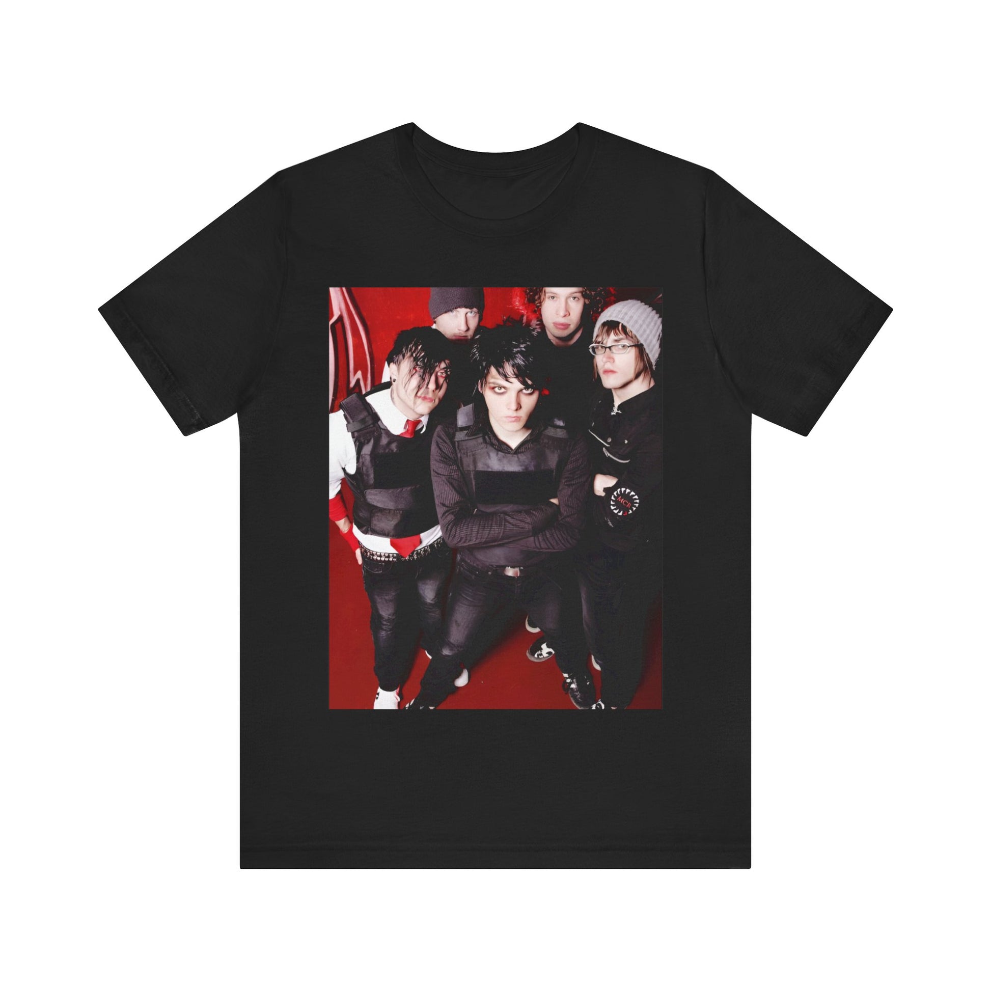 A black graphic t-shirt featuring a boxy graphic related to My Chemical Romance's 'Black Parade' album era.