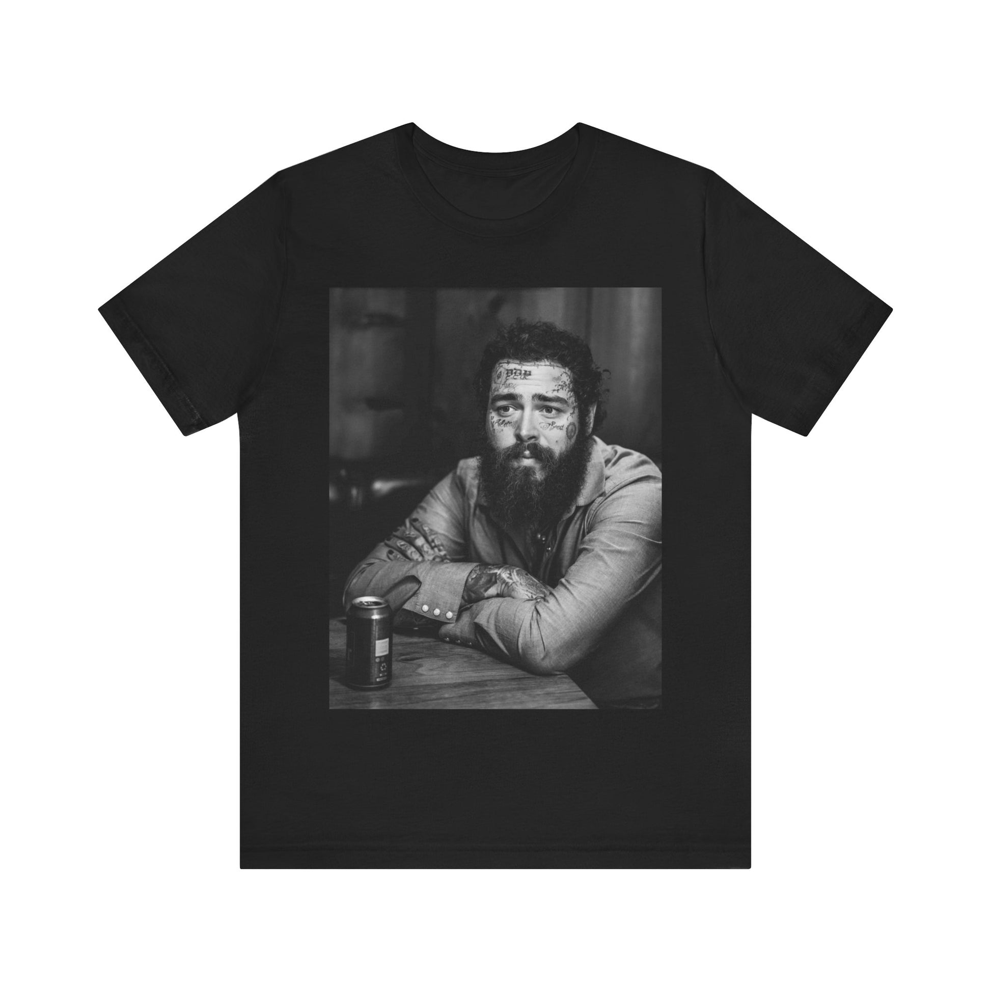 A black graphic t-shirt featuring a black and white, monochrome graphic or photo of Post Malone.