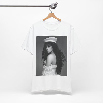 A black graphic t-shirt featuring a black and white graphic of Camila Cabello as a fierce Latina pop star.