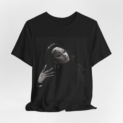A black graphic t-shirt featuring a black and white, monochrome graphic or photo of Megan Thee Stallion.