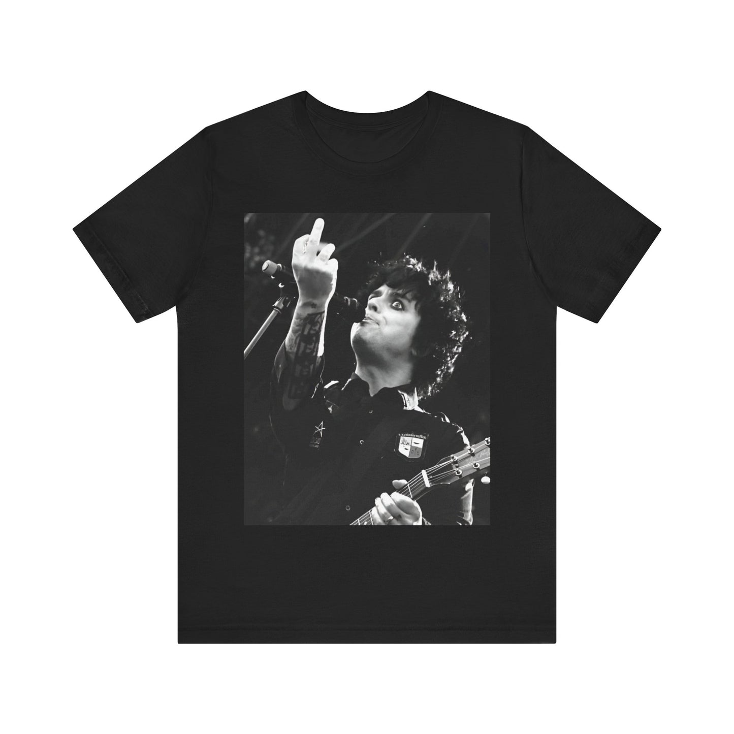 A black graphic t-shirt featuring a graphic of Billie Joe Armstrong from Green Day giving the middle finger during a concert.