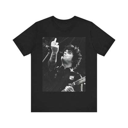 A black graphic t-shirt featuring a graphic of Billie Joe Armstrong from Green Day giving the middle finger during a concert.