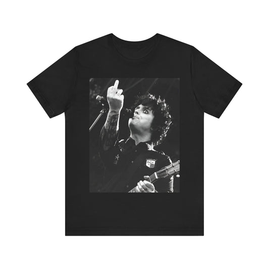 A black graphic t-shirt featuring a graphic of Billie Joe Armstrong from Green Day giving the middle finger during a concert.