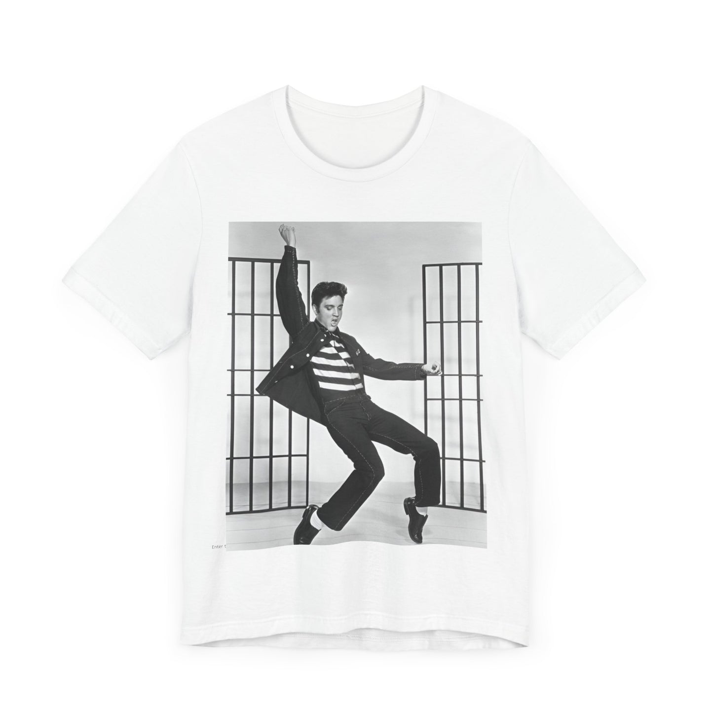 A black graphic t-shirt featuring a graphic related to Elvis Presley's 'Jailhouse Rock' song.