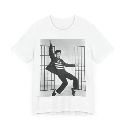 A black graphic t-shirt featuring a graphic related to Elvis Presley's 'Jailhouse Rock' song.