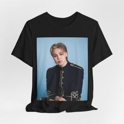 A black graphic t-shirt featuring a graphic related to Jimin's 'FACE' album era.