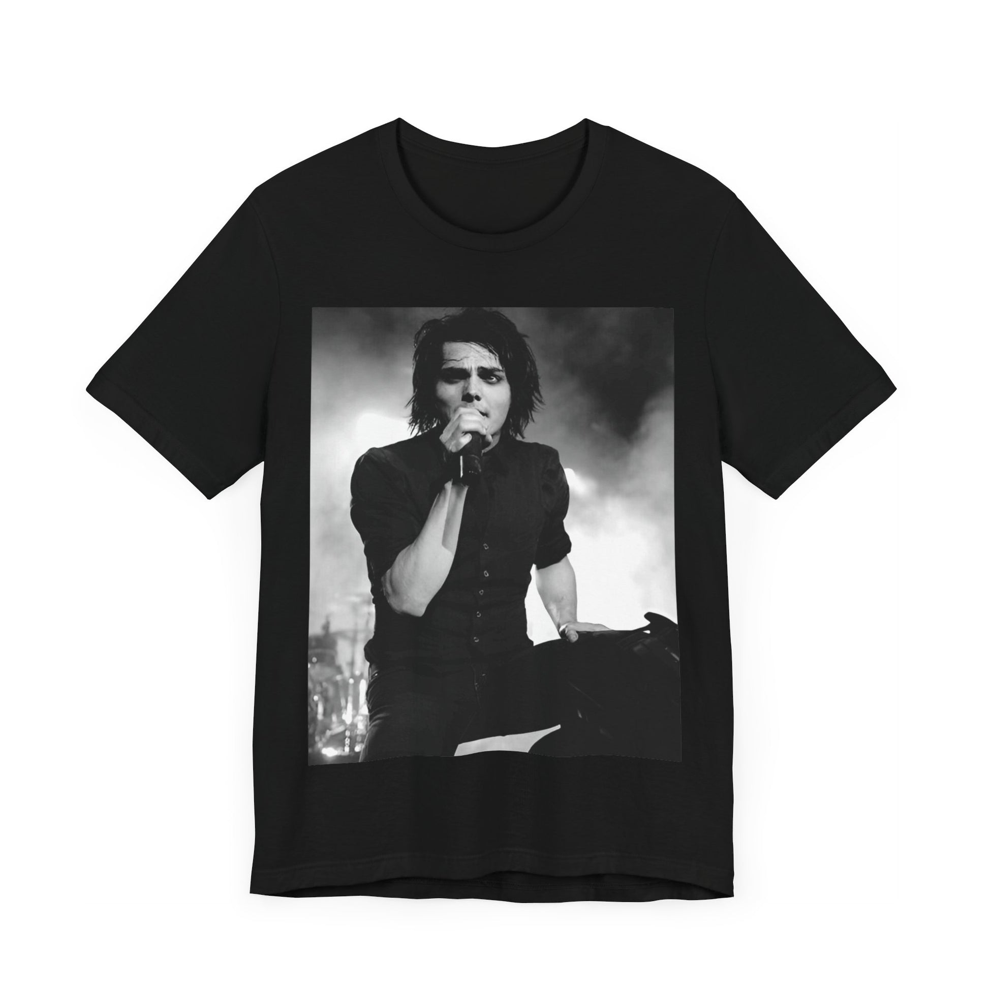 A black graphic t-shirt featuring a black and white graphic or photo of My Chemical Romance performing live in concert.