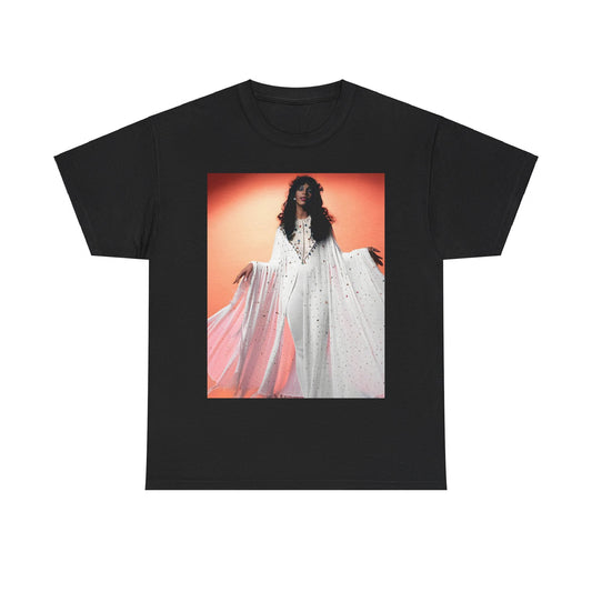 A black graphic t-shirt featuring a classic 70s disco graphic of Donna Summer.