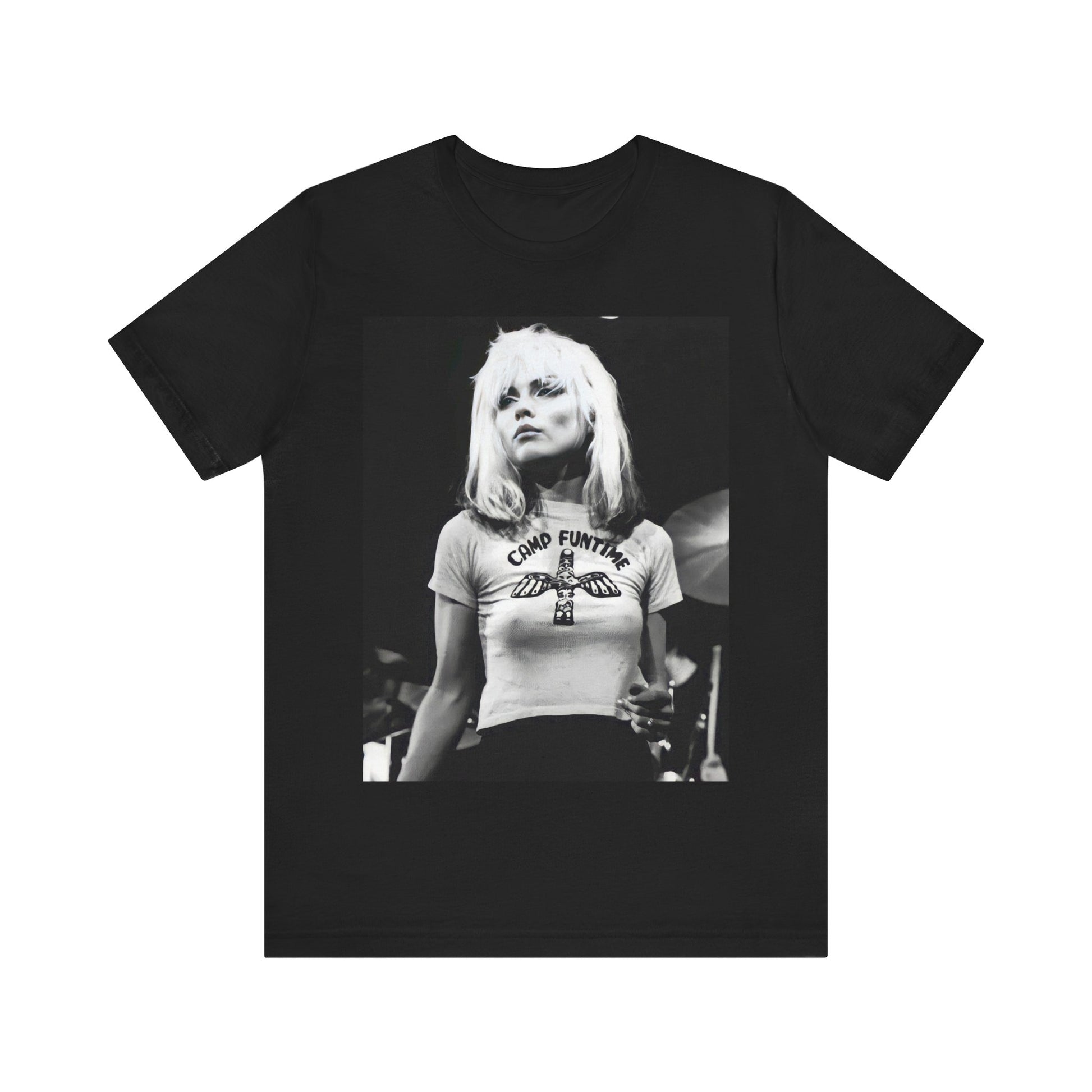 A black graphic t-shirt featuring a classic graphic or photo of Blondie performing live on stage.