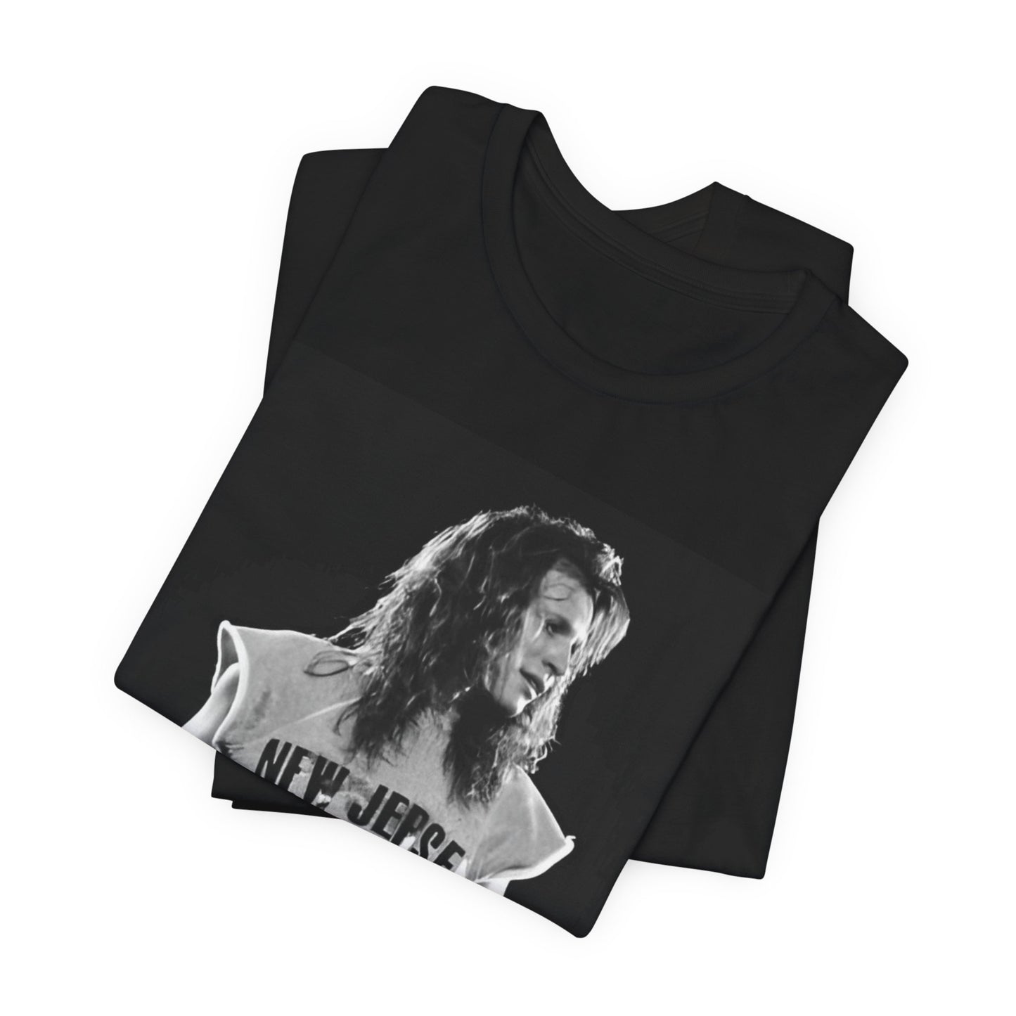 A black graphic t-shirt featuring a vintage graphic related to Bon Jovi's 'New Jersey' album or era.