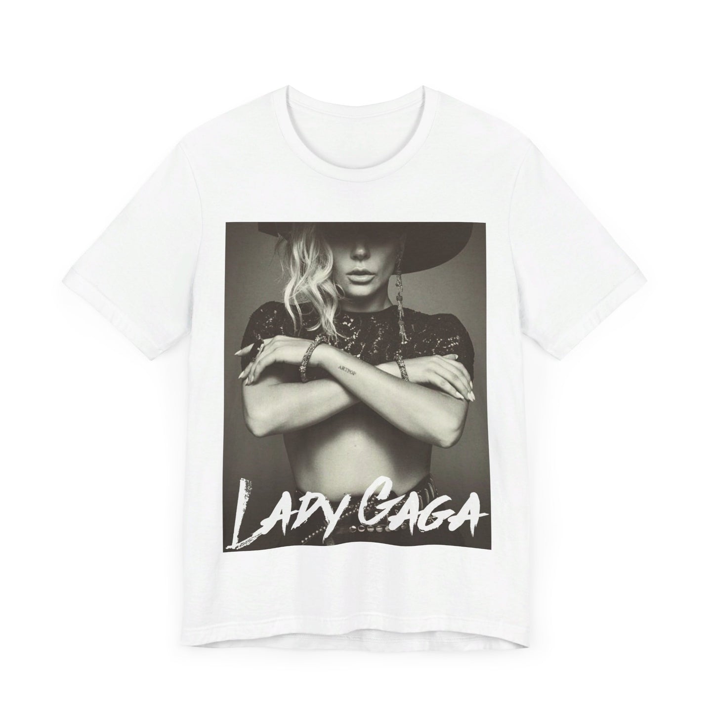 A black graphic t-shirt featuring a bold graphic of Lady Gaga as a pop superstar.