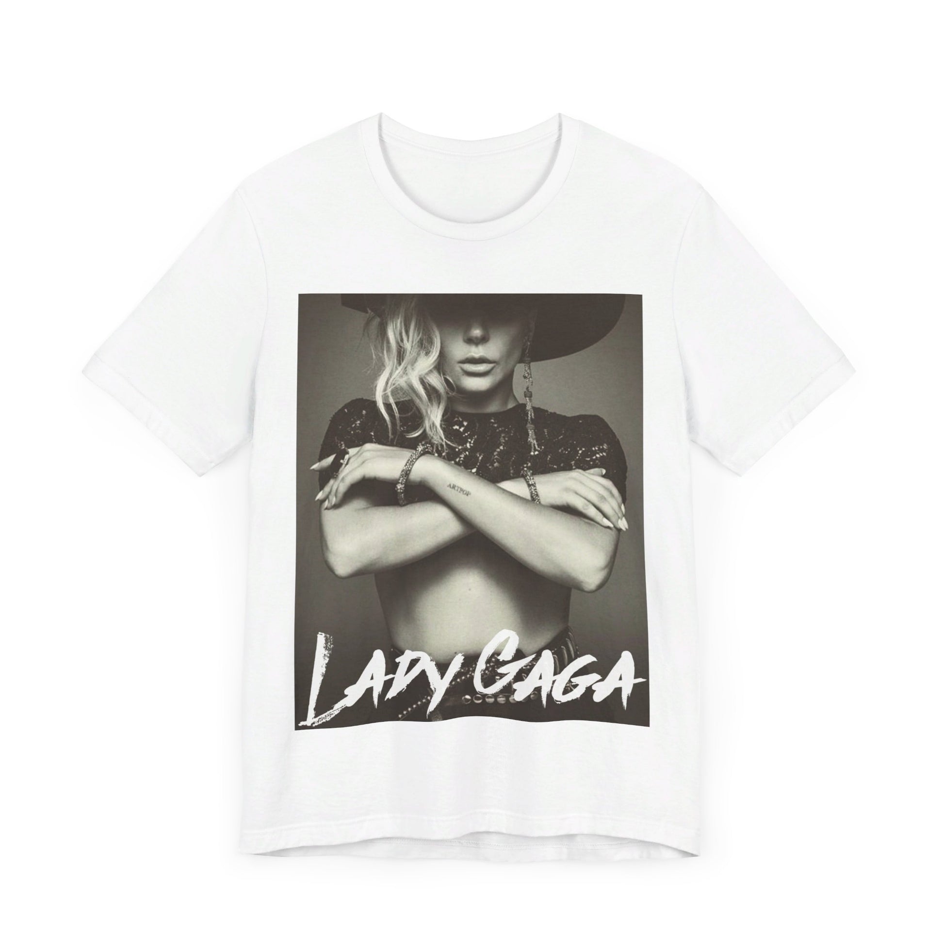 A black graphic t-shirt featuring a bold graphic of Lady Gaga as a pop superstar.