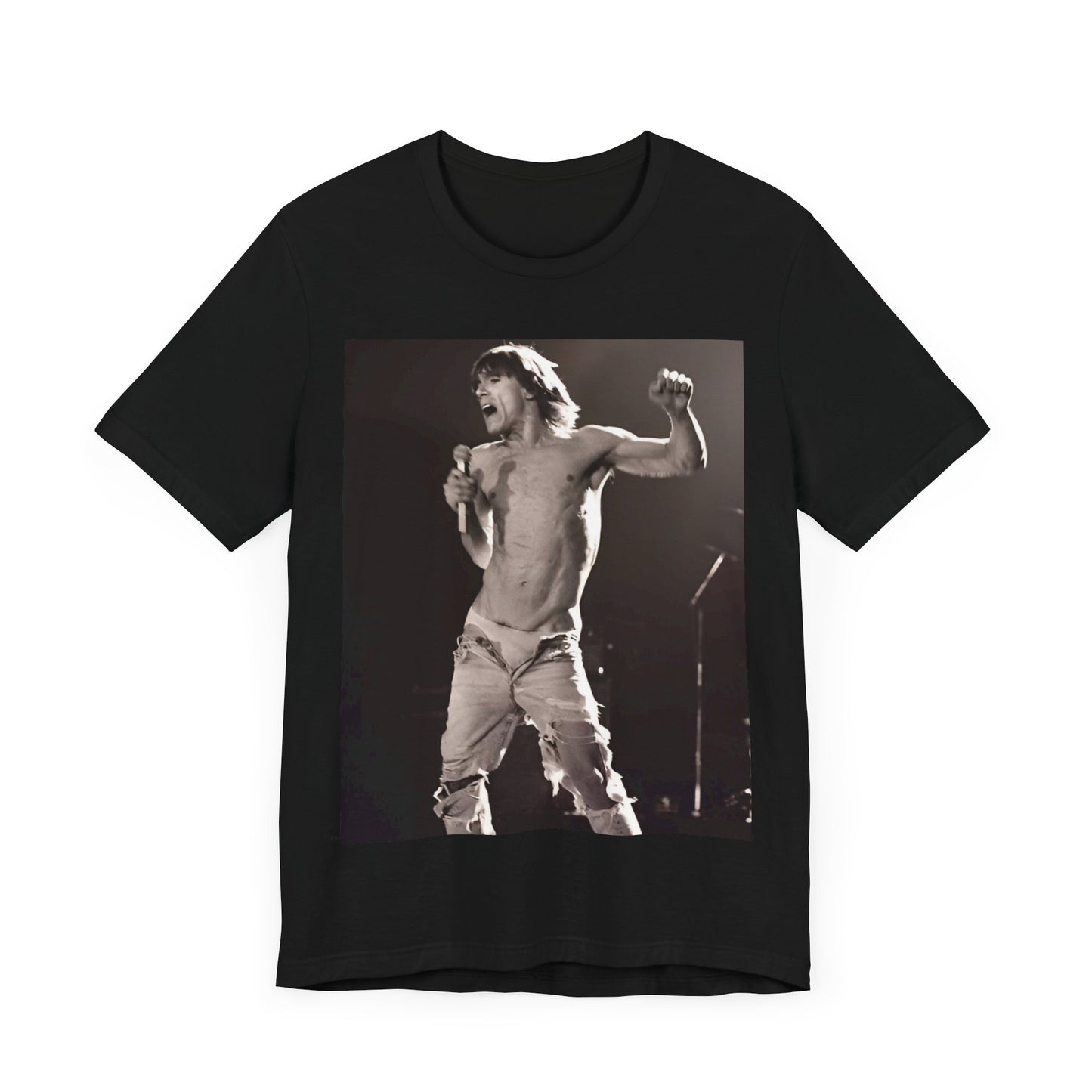 A black graphic t-shirt featuring a black and white graphic or photo of Iggy Pop performing live on stage.