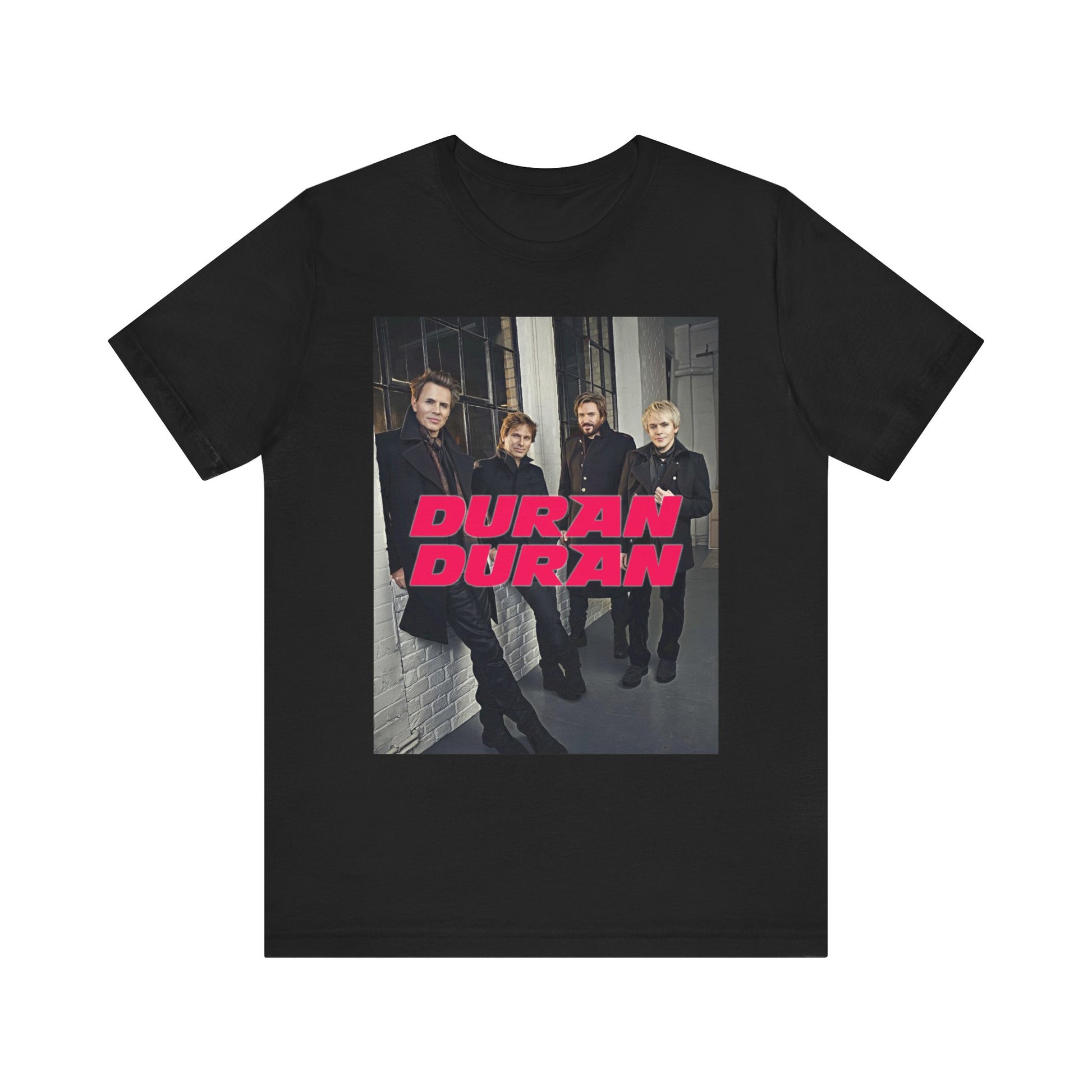 A black graphic t-shirt featuring a modern graphic of Duran Duran, suggesting a pop revival.