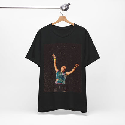 A black graphic t-shirt featuring a graphic related to Coldplay's song 'Fix You'.