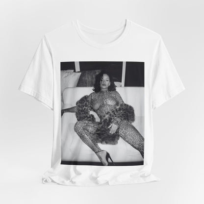 A black graphic t-shirt featuring a black and white, monochrome graphic or photo of Rihanna in a sexy pose.
