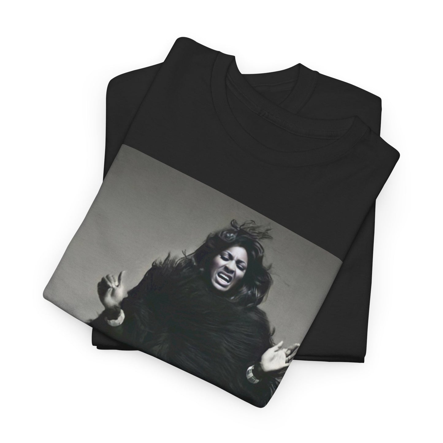 A black graphic t-shirt featuring a black and white portrait photo of Tina Turner.