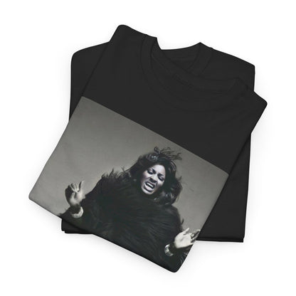 A black graphic t-shirt featuring a black and white portrait photo of Tina Turner.