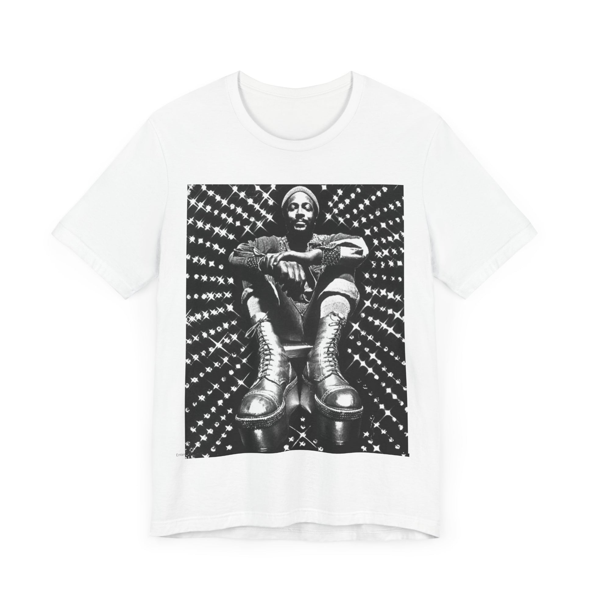 A black graphic t-shirt featuring a black and white vintage soul icon graphic of Marvin Gaye.