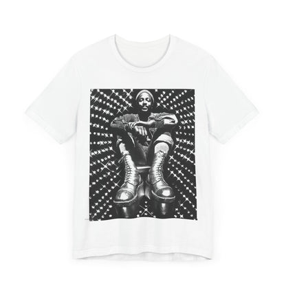 A black graphic t-shirt featuring a black and white vintage soul icon graphic of Marvin Gaye.