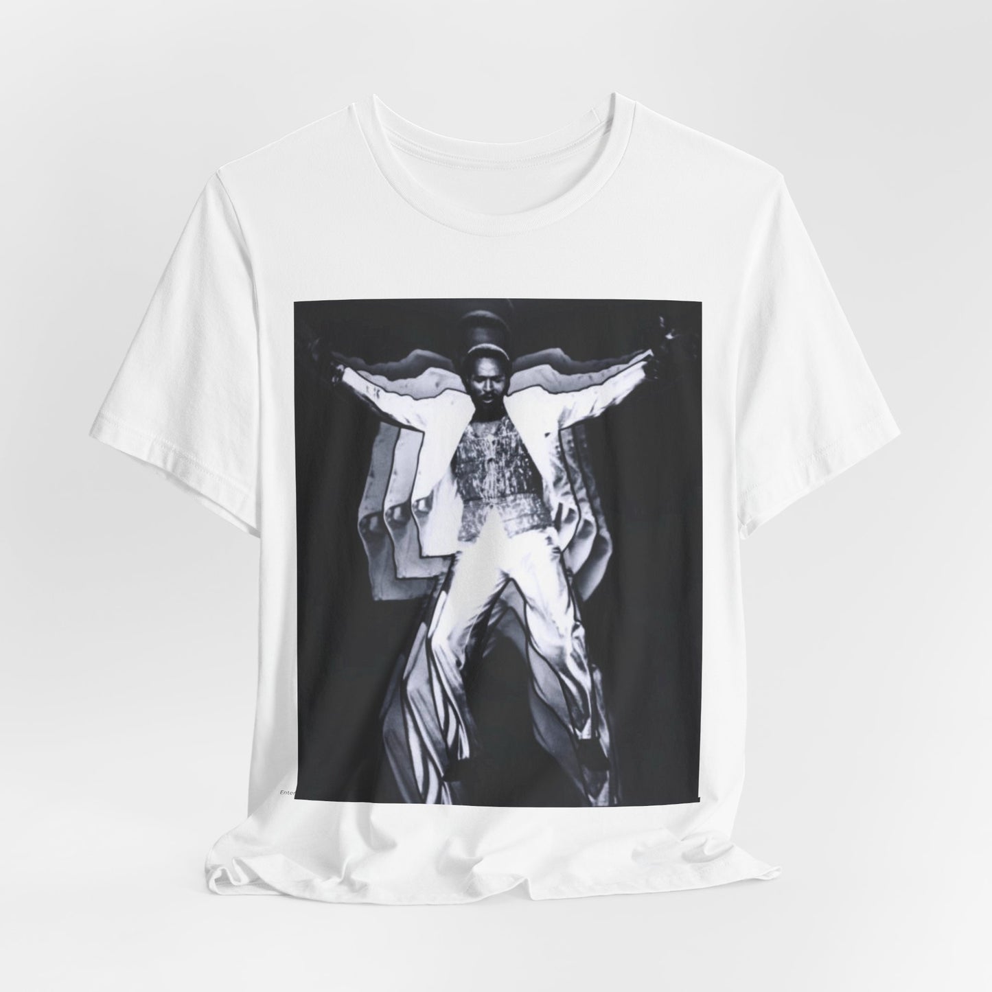 A black graphic t-shirt featuring a 70s aesthetic graphic of Marvin Gaye.