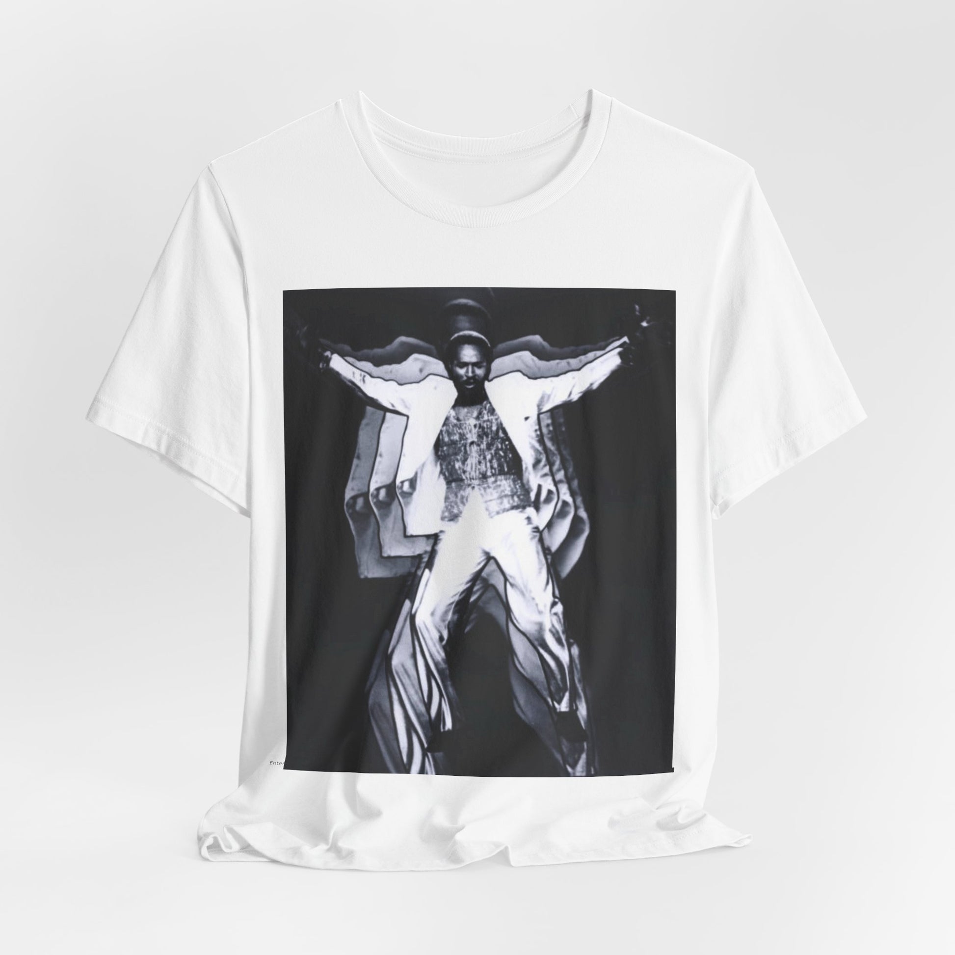 A black graphic t-shirt featuring a 70s aesthetic graphic of Marvin Gaye.