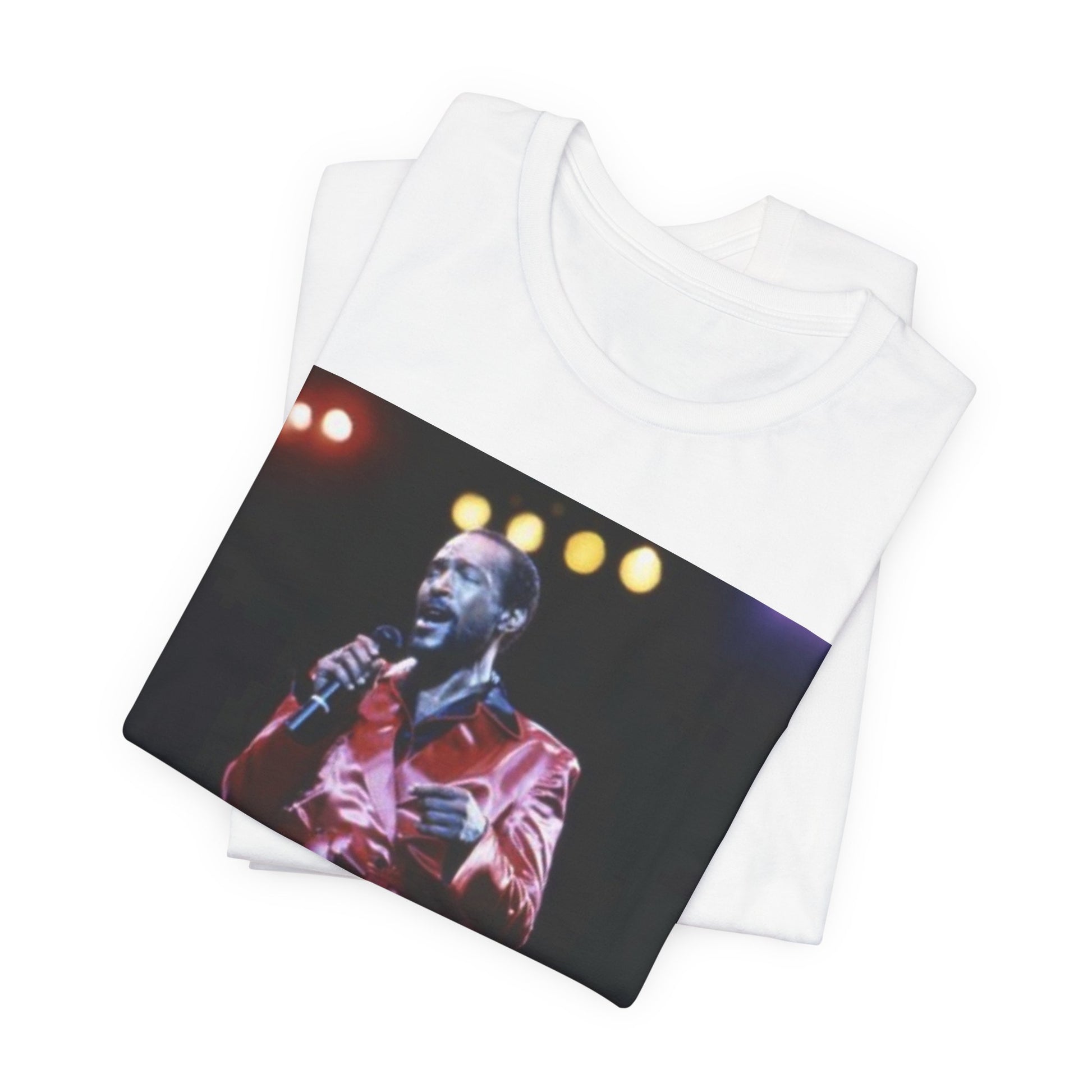 A black graphic t-shirt featuring a vintage graphic or photo of Marvin Gaye performing live.