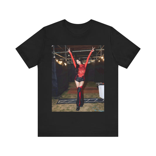 A black graphic t-shirt featuring a classic graphic of Lisa as a Blackpink rapper.