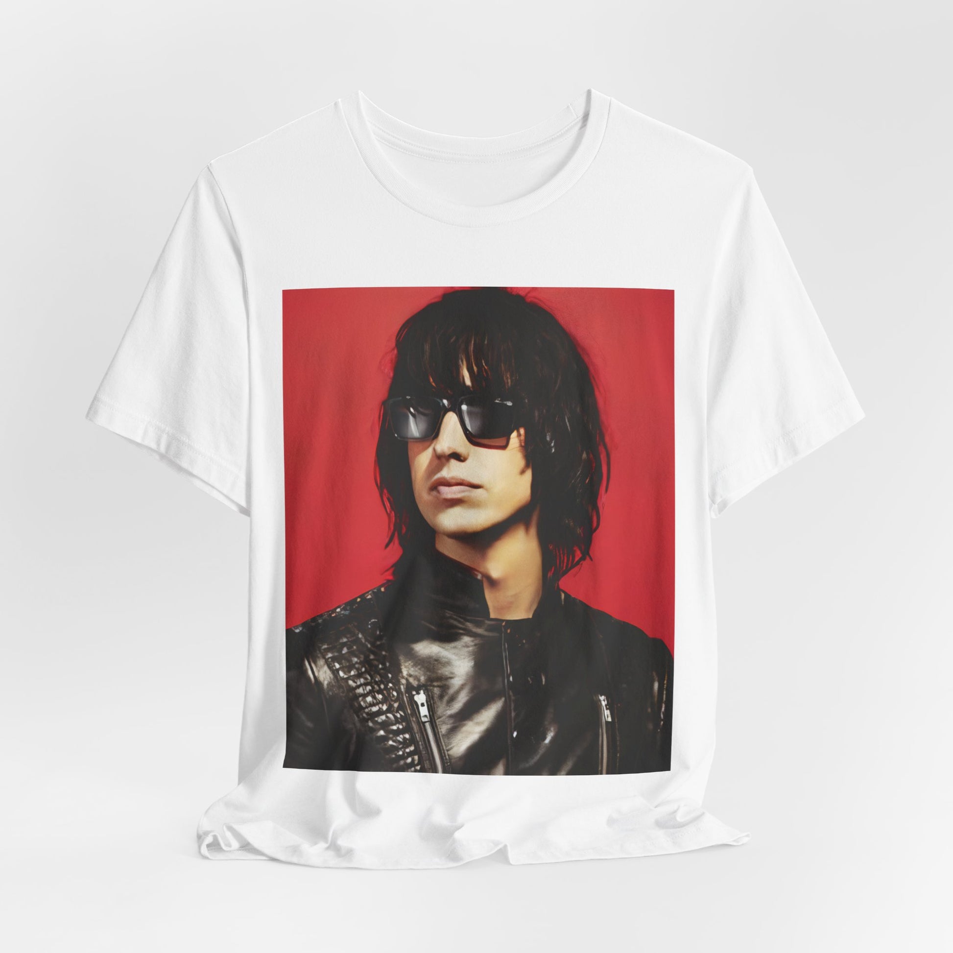 A black graphic t-shirt featuring a 2000s indie aesthetic graphic of Julian Casablancas from The Strokes.