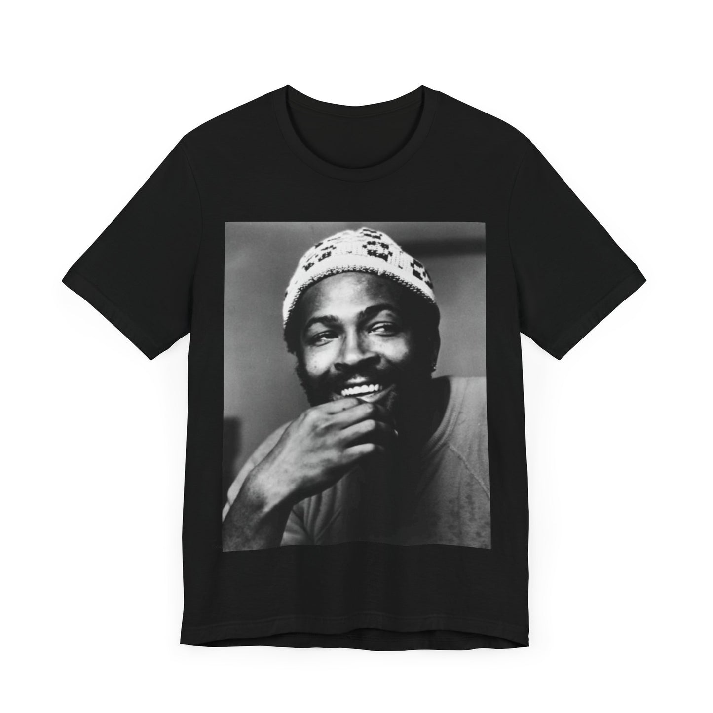 A black graphic t-shirt featuring a 70s retro portrait graphic of Marvin Gaye.