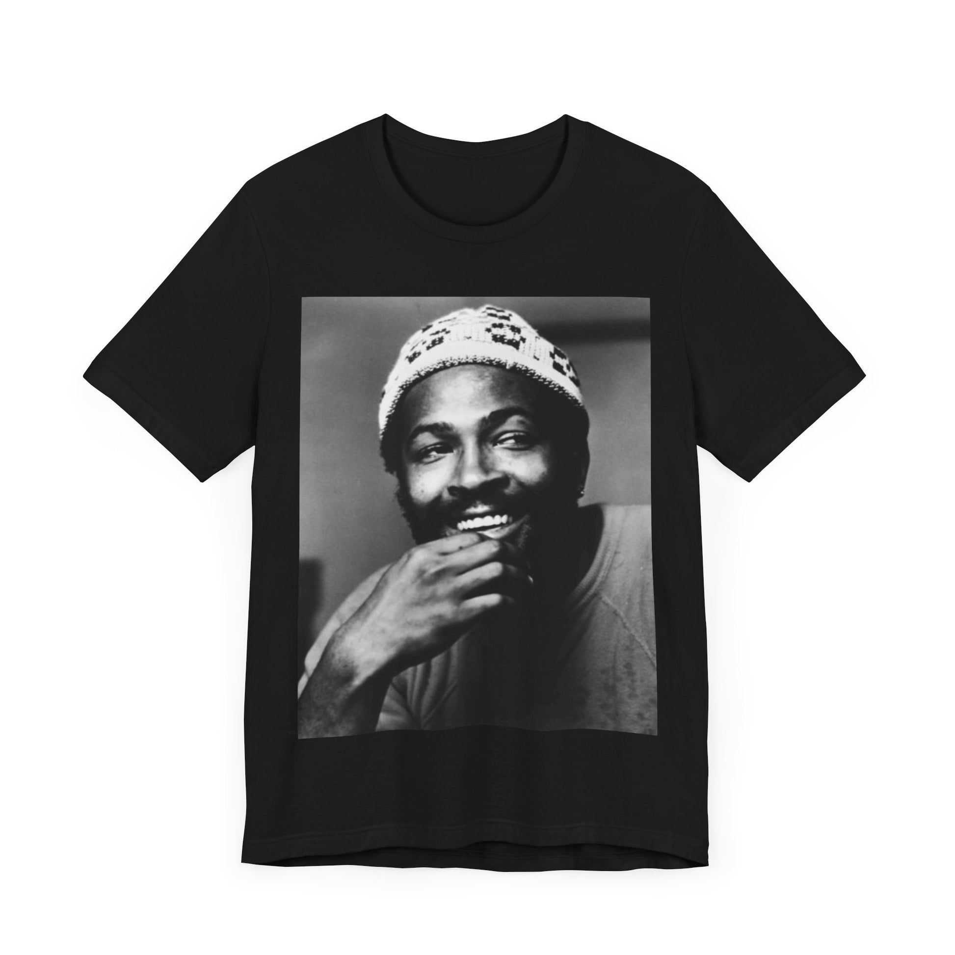 A black graphic t-shirt featuring a 70s retro portrait graphic of Marvin Gaye.