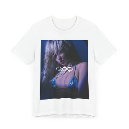A black graphic t-shirt featuring a bold aesthetic graphic related to Camila Cabello's C,XOXO' album.