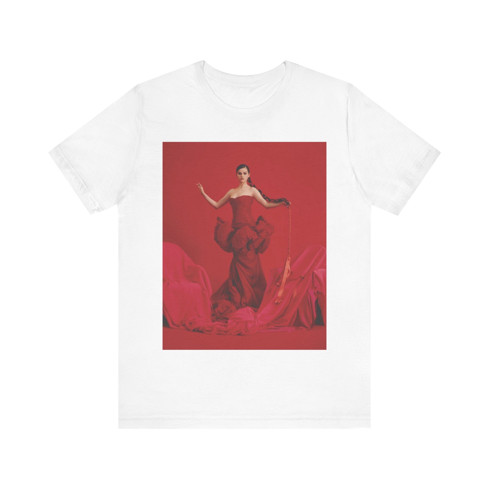 A black graphic t-shirt featuring a glam pop diva graphic of Selena Gomez.