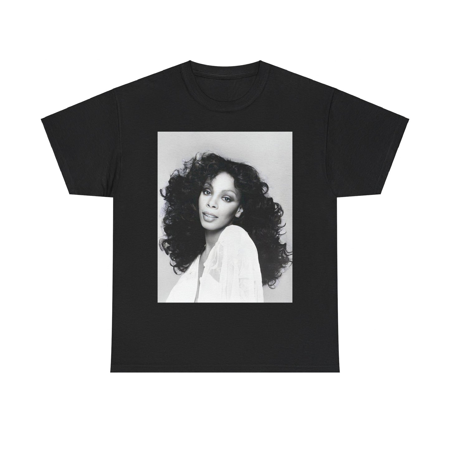A black graphic t-shirt featuring a black and white portrait photo of Donna Summer.