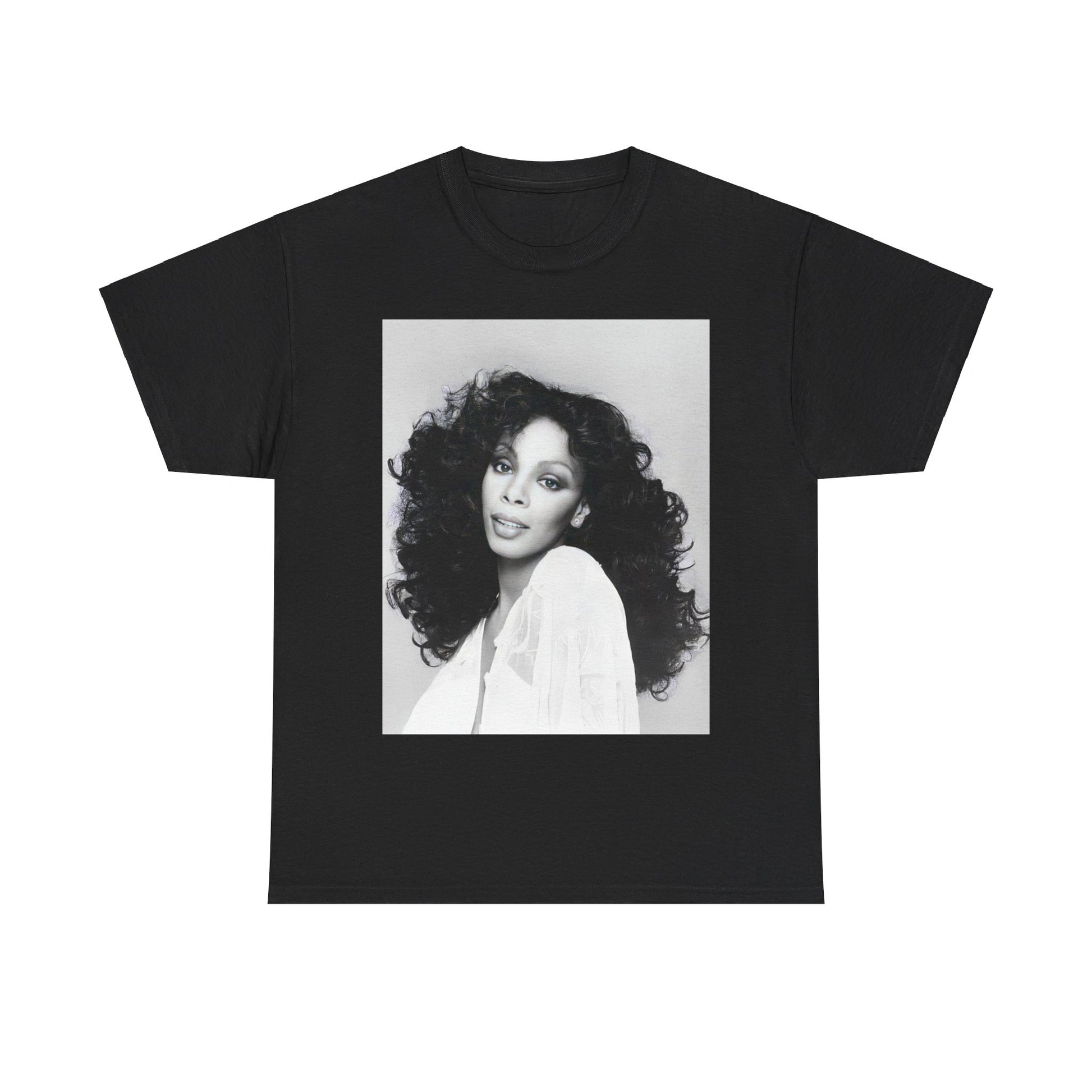 A black graphic t-shirt featuring a black and white portrait photo of Donna Summer.