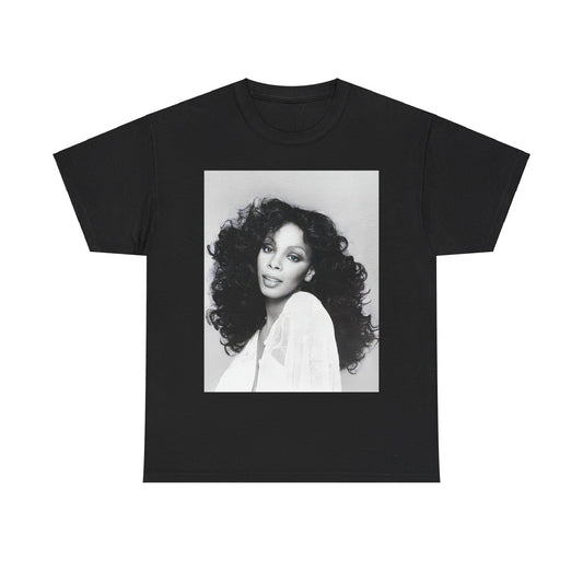 A black graphic t-shirt featuring a black and white portrait photo of Donna Summer.
