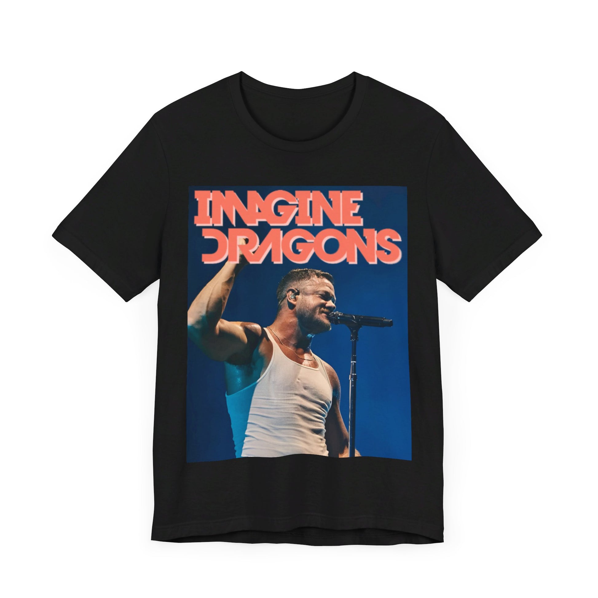 A black graphic t-shirt featuring a retro live concert photo of Imagine Dragons.