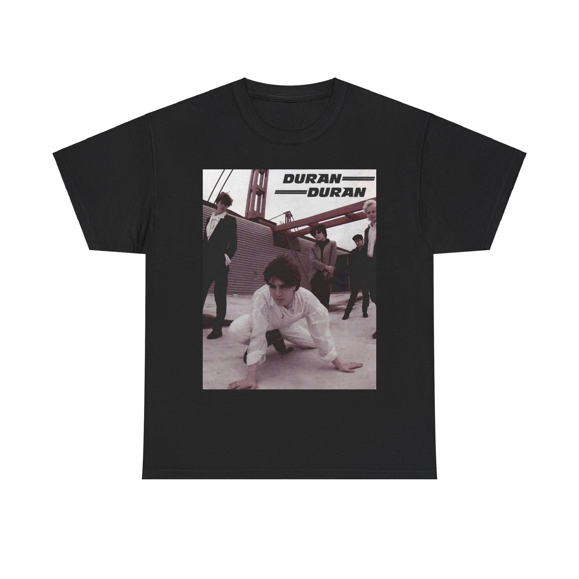 A black graphic t-shirt featuring a graphic related to Duran Duran's 'Hungry Like the Wolf' song or era.