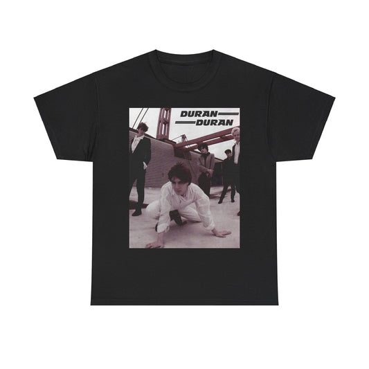 A black graphic t-shirt featuring a graphic related to Duran Duran's 'Hungry Like the Wolf' song or era.