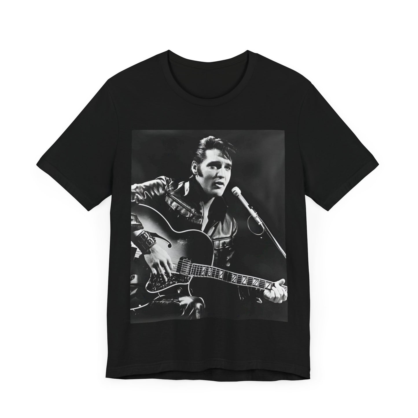 A black graphic t-shirt featuring a graphic related to Elvis Presley's 'Burning Love' song or era.