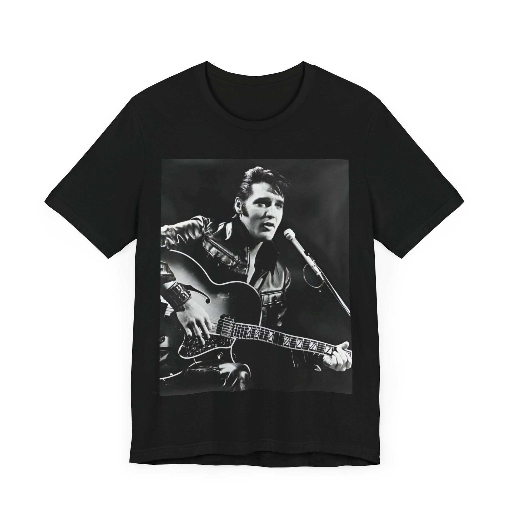 A black graphic t-shirt featuring a graphic related to Elvis Presley's 'Burning Love' song or era.