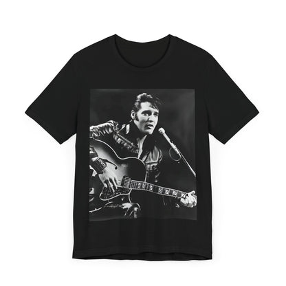 A black graphic t-shirt featuring a graphic related to Elvis Presley's 'Burning Love' song or era.