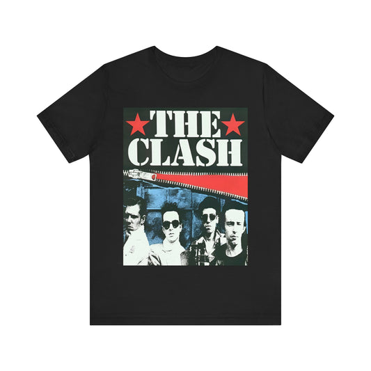 A black graphic t-shirt featuring a casual punk fan graphic of The Clash.
