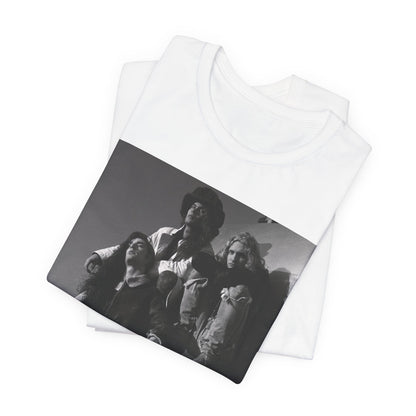 A black graphic t-shirt featuring a 90s black and white photographic portrait of the band Alice In Chains, capturing their iconic grunge look.