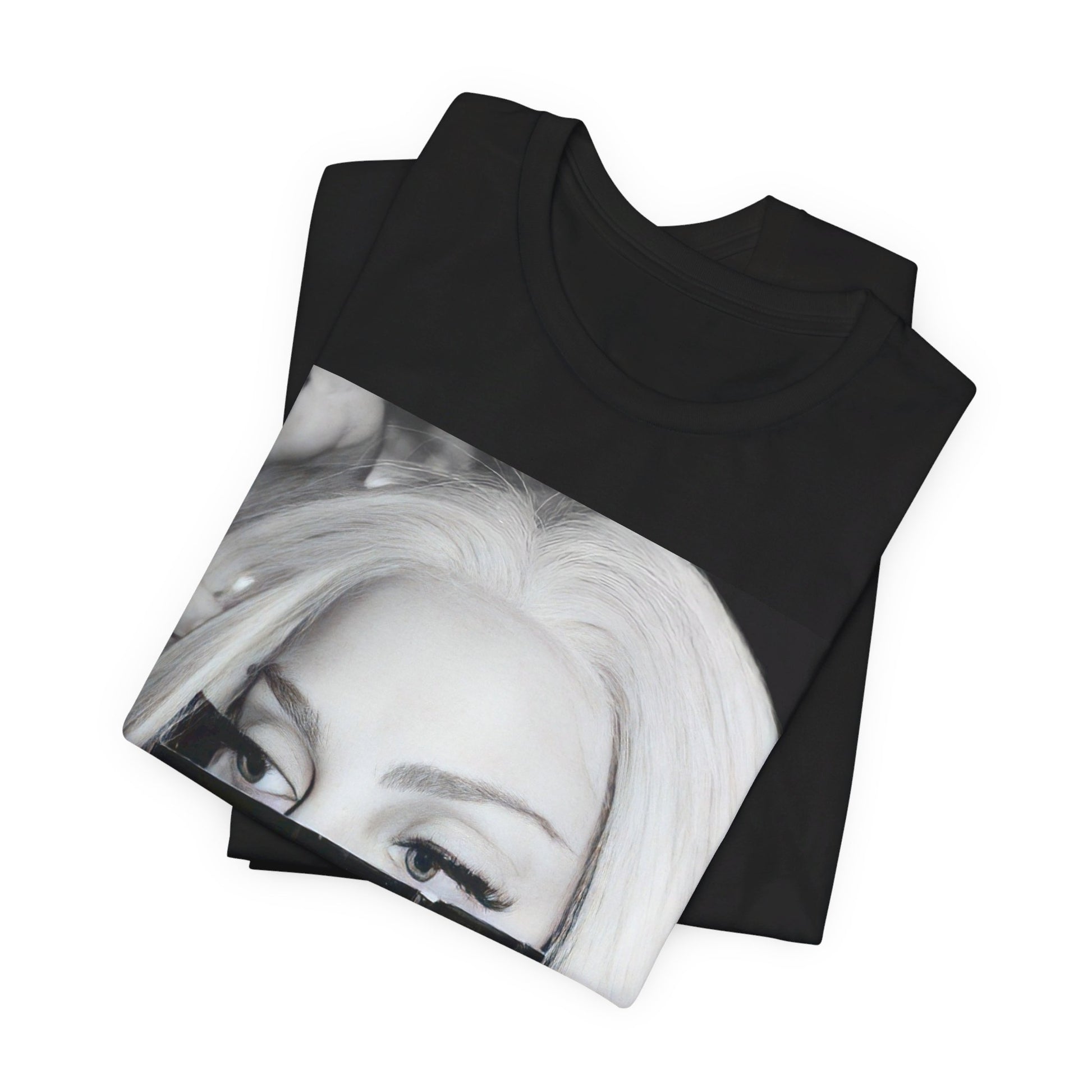 A black graphic t-shirt featuring a black and white graphic or photo of Lady Gaga in a backstage setting.